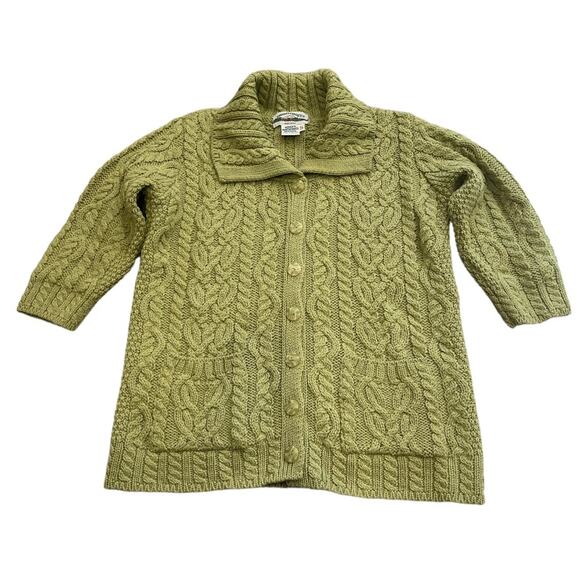 Aran Crafts Merino Wool Green Irish Knit Cardigan Sweater Made In Ireland Small - Picture 1 of 10
